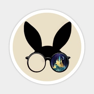 Pair of Round Glasses with One Lens Showing a Moonlit Castle Scene and Playful Rabbit Ears on Top Magnet
